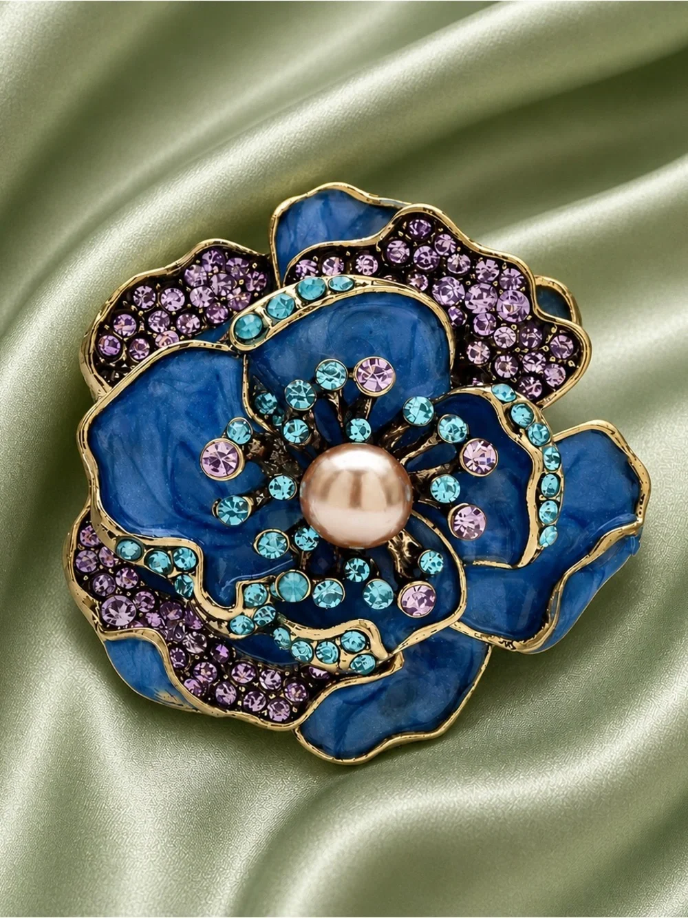 Anthropologie Blue Floral Crystal Brooch with Pearl Accent